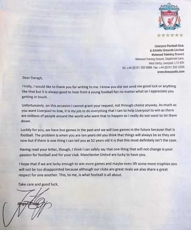 Thư trả lời của HLV Jurgen Klopp.