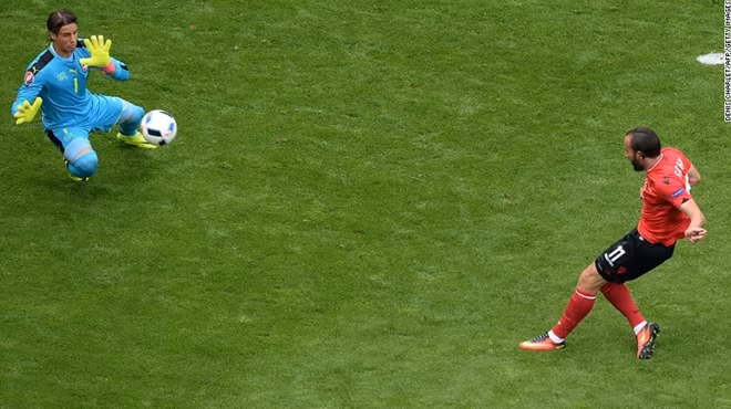 Tiền vệ Shkelzen Gashi (áo đỏ) của Albania bỏ lỡ cơ hội ghi bàn khi thủ thành Yann Sommer của ĐT Thụy Sỹ cản phá thành công cú sút của anh