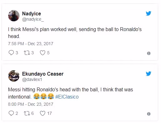 Các thuyết âm mưu trên Twitter về cú sút trúng đầu Ronaldo của Messi.