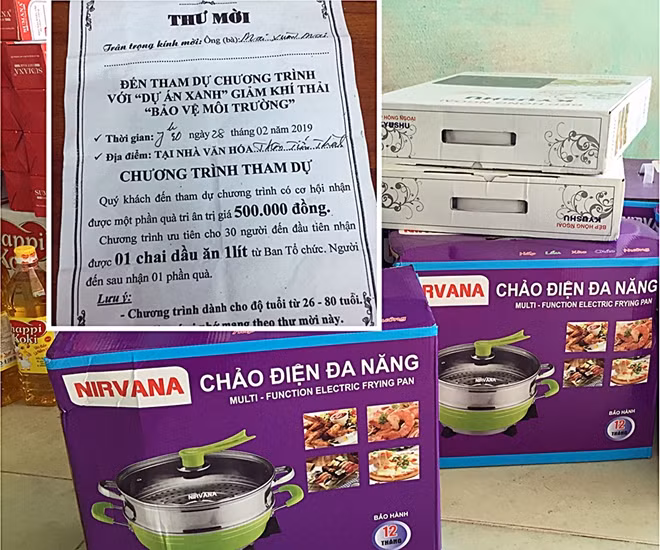 Thư mời tham gia chương trình "Dự án xanh" nhưng thực tế là bán hàng kém chất lượng giá cao (ảnh nhỏ) và một số sản phẩm của nhóm đối tượng lừa đảo bị Công an huyện Núi Thành tạm giữ.