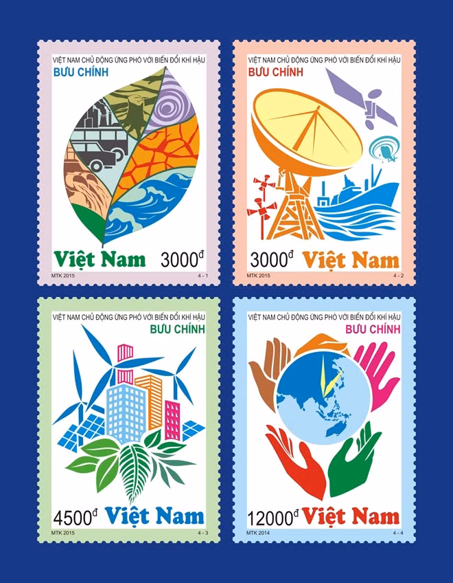 Bộ tem "Việt Nam chủ động ứng phó với biến đổi khí hậu" do họa sĩ Tô Minh Trang thiết kế năm 2015.