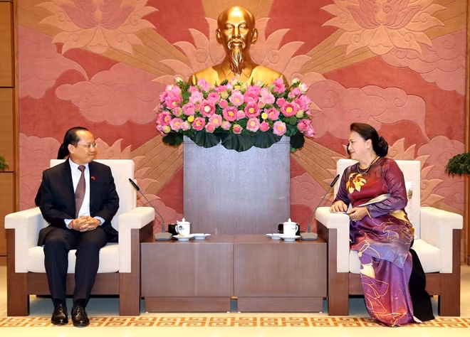 Chủ tịch Quốc hội Nguyễn Thị Kim Ngân tiếp Đại sứ Đặc mệnh toàn quyền Vương quốc Campuchia tại Việt Nam Chay Navuth đến chào xã giao. Ảnh:TTXVN