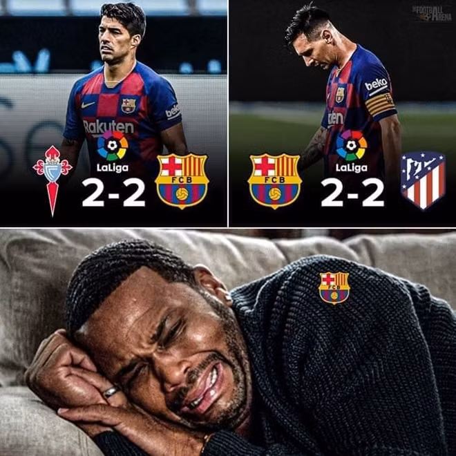 Hai trận hòa liên tiếp khiến Barca đánh mất ưu thế trước Real trong cuộc đua tại La Liga. CĐV Barca giờ đang "khóc hết nước mắt". Một bức ảnh chế điển hình của cộng đồng mạng trên fanpage của tờ Goal vào rạng sáng 30/6.