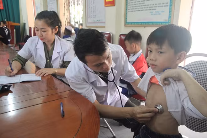 Các y bác sỹ Bệnh viện Công an tỉnh Nghệ An khám bệnh miễn phí cho học sinh Trường tiểu học Nghi Phong, huyện Nghi Lộc.