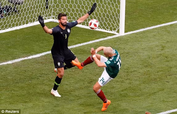 Javier Hernandez thử thách thủ môn Alisson. Ảnh: Reuters. Javier Hernandez thử thách thủ môn Alisson. Ảnh: Reuters.