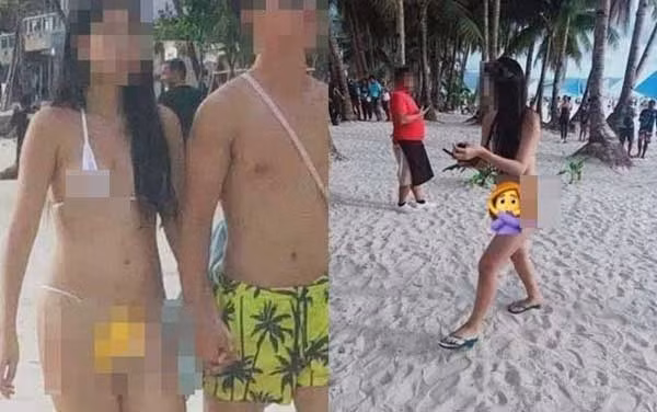 Nữ du khách mặc bộ bikini phản cảm ở bãi biển Philippines.