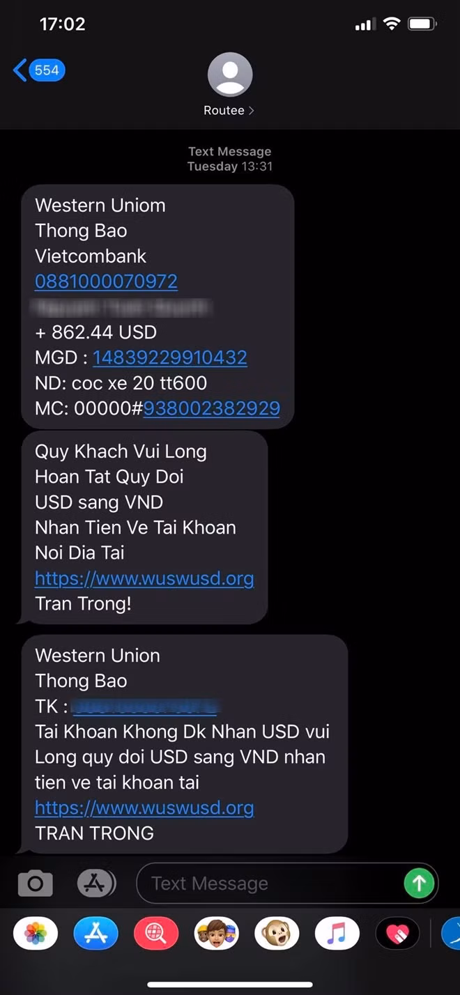 Tin nhắn gửi về số điện thoại anh N.T.Q để xác nhận chuyển tiền.