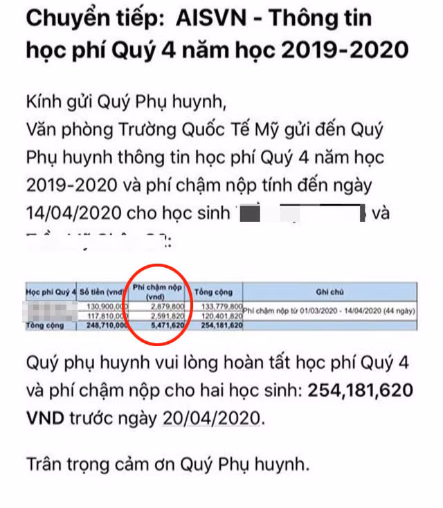 Email thu học phí và phí nộp chậm của Trường Quốc tế Mỹ và phản hồi của chị T.H.T.