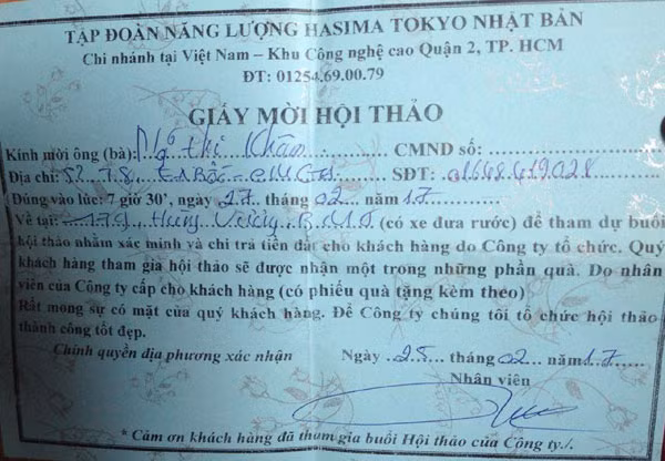 Giấy mời hội thảo của các đối tượng dùng để lừa đảo người dân.