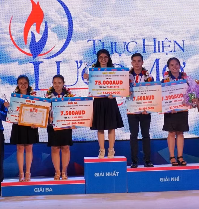 Các thí sinh giành giải nhất, nhì, ba của cuộc thi. Ảnh: TTXVN