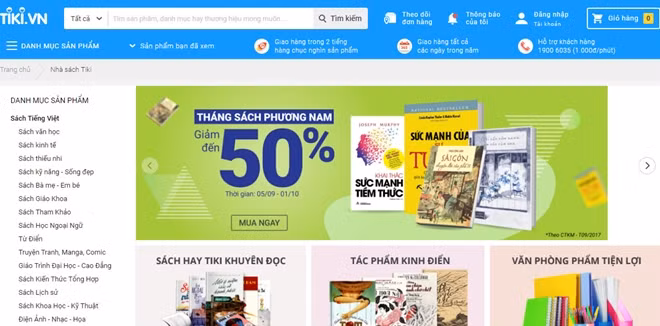 Một trang sách trực tuyến uy tín quảng cáo chương trình giảm giá sâu cho khách hàng.