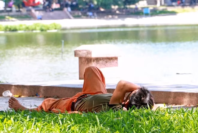 Một nhóm công nhân ngủ trưa bên hồ Thiền Quang.