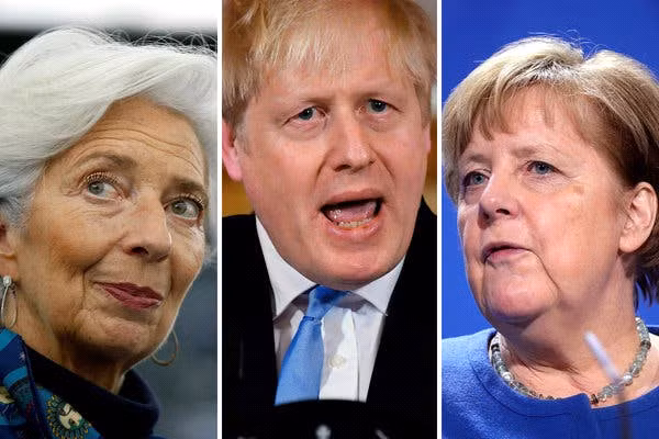 Từ trái qua phải: Chủ tịch Ngân hàng Trung ương châu Âu Christine Lagarde, Thủ tướng Anh Boris Johnson và Thủ tướng Đức Angela Merkel.