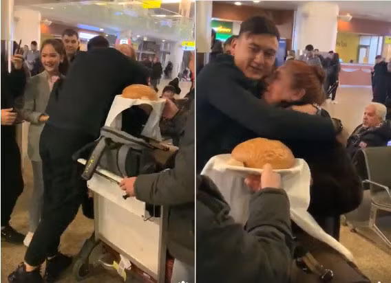 Văn Lâm được gia đình chào đón ở Moscow theo đúng phong tục Nga. Ảnh chụp màn hình.