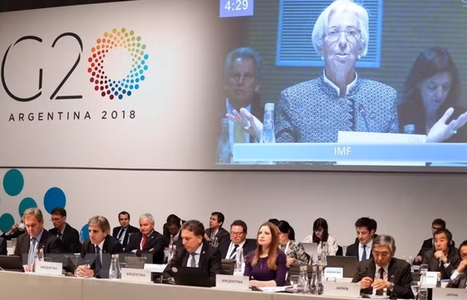 Tổng Giám đốc IMF Christine Lagarde phát biểu tại Hội nghị G20 ở Buenos Aires, Argentina ngày 21-7. Ảnh: EPA-EFE/TTXVN