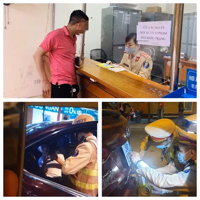 Hình ảnh tài xế D. tại cơ quan CSGT và lực lượng CSGT kiểm tra chiếc xe do tài xế D. điều khiển.