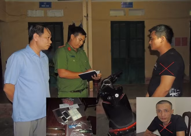 Thượng tá Nguyễn Xuân Hòa – Trưởng Công an thị xã Duy Tiên (Hà Nam) trực tiếp chỉ đạo CBCS lấy lời khai đối tượng Thắng, Tuấn (dấu X) và tang vật vụ án.
