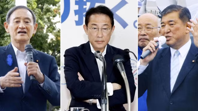 Những ứng viên sáng giá cho việc kế nhiệm vị trí của ông Shinzo Abe. Từ trái sang phải: Chánh văn phòng nội các Yoshihide Suga, cựu Ngoại trưởng Fumio Kishida và cựu Bộ trưởng Quốc phòng Shigeru Ishiba. Ảnh: Kyodo.