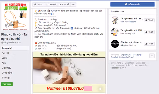 Giao diện một trang mạng xã hội cung cấp thiết bị công nghệ gian lận thi cử.