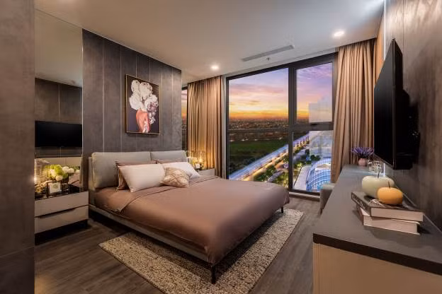 Thiết kế cửa kính tấm lớn mở ra tầm nhìn trọn vẹn, đắt giá như tại các khách sạn 5 sao cho phòng ngủ căn hộ mẫu Ruby . Thiết kế cửa kính tấm lớn mở ra tầm nhìn trọn vẹn, đắt giá như tại các khách sạn 5 sao cho phòng ngủ căn hộ mẫu Ruby .