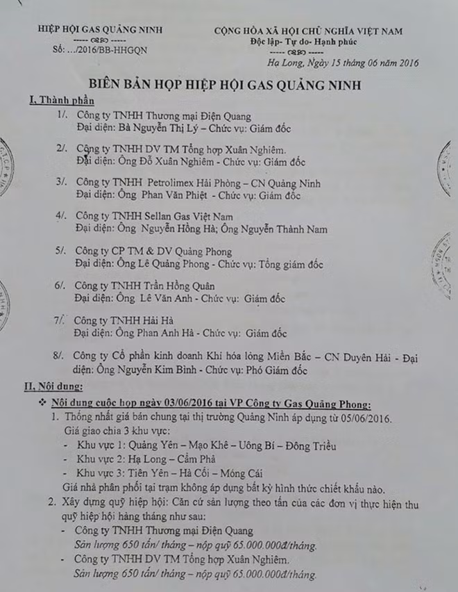 Biên bản họp của “Hiệp hội gas Quảng Ninh” và công văn từ chối thành lập Hiệp hội gas Quảng Ninh của Sở Công thương.