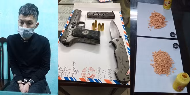 Trần Minh Quyết và tang vật tại CQĐT.