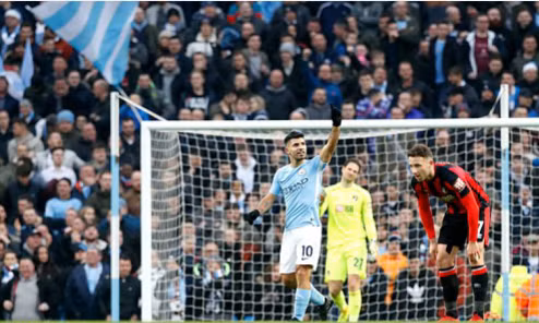 Bàn thắng thứ 100 của Aguero chỉ tính trên sân nhà Etihad. Ảnh: PA.