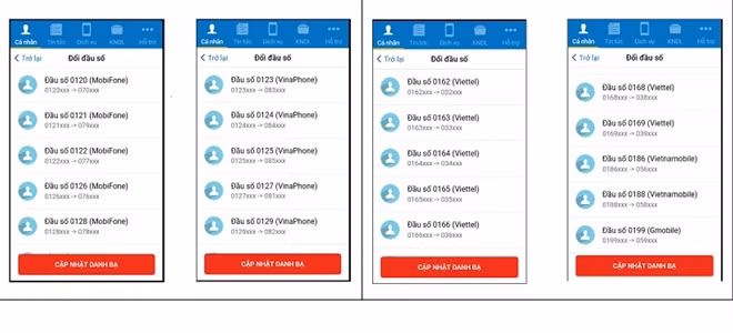Giao diện tính năng đổi đầu số trong danh bạ trên ứng dụng My MobiFone