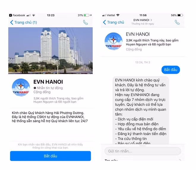 Chatbot hỗ trợ khách hàng qua Facebook EVN HANOI