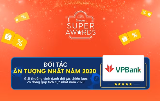 Chứng nhận Đối tác tiêu biểu nhất 2020 mà Shopee dành cho VPBank.