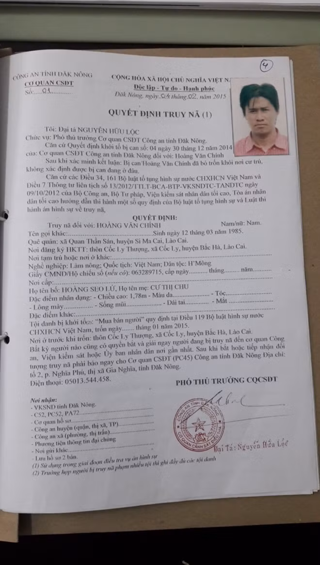 Lệnh truy nã Hoàng Văn Chính.