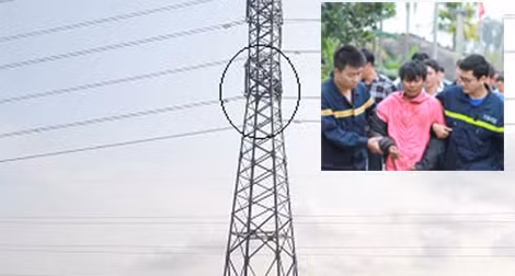 Ngáo đá ngồi cố thủ 36 giờ trên cột điện cao thế