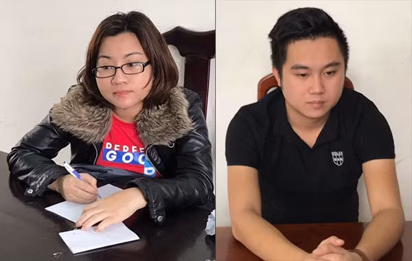Cặp tình nhân lừa đảo Nguyễn Thị Vinh và Hồ Triệu Phú Duy bị bắt tại cơ quan CSĐT Công an tỉnh Quảng Nam.