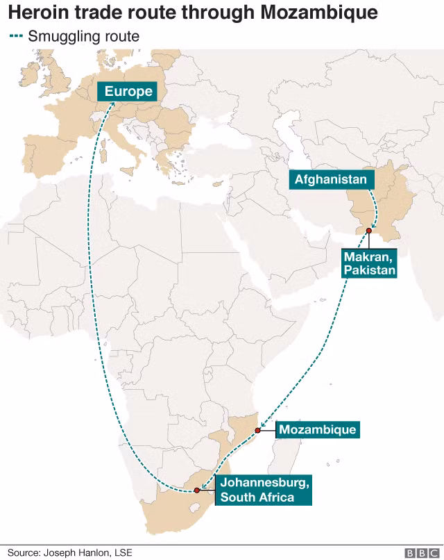 Đường đi của heroin từ Afghanistan đến Mozambique rồi vào châu Âu. Đường đi của heroin từ Afghanistan đến Mozambique rồi vào châu Âu.