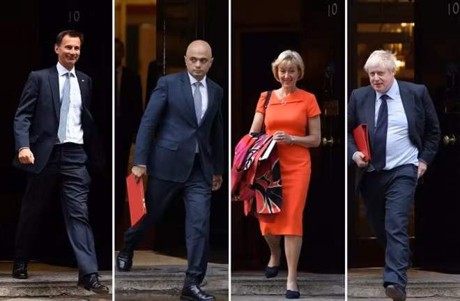 Một số ứng cử viên cho chức Thủ tướng Anh. Từ trái sang, Bộ trưởng Ngoại giao Anh Jeremy Hunt, Bộ trưởng Nhà ở Anh Sajid Javid, cựu lãnh đạo Hạ viện Andrea Leadsom và cựu Bộ trưởng Ngoại giao Boris Johnson.