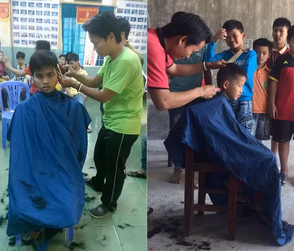 Thắng cắt tóc trong làng trẻ SOS và trung tâm dạy nghề cho người khuyết tật.