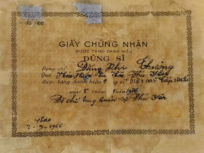 Danh hiệu Dũng sĩ diệt Mỹ ông Đặng Phi Thưởng được trao tặng từ thời còn là chiến sĩ Trung đoàn Ngô Quyền.