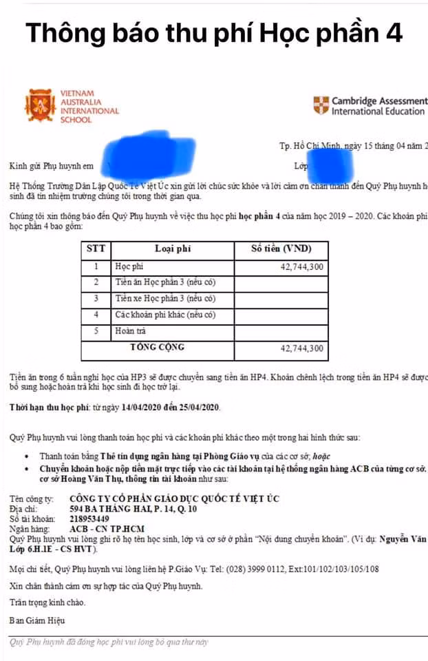 Thông báo thu phí học phần 4 của VAS gửi cho phụ huynh.