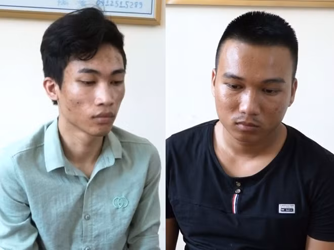 Hai đối tượng Nguyễn Lâm Thế Vinh và Lê Anh Huy tại cơ quan điều tra.