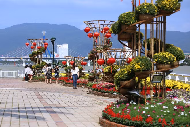 Khu vực ven sông Hàn đoạn giữa cầu Rồng và cầu quay sông Hàn thu hút nhiều người đến chụp ảnh.
