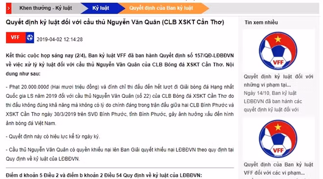 Quyết định kỷ luật của VFF.