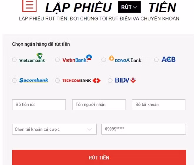 Một trang web cá độ, cờ bạc hướng dẫn lập phiếu rút tiền.