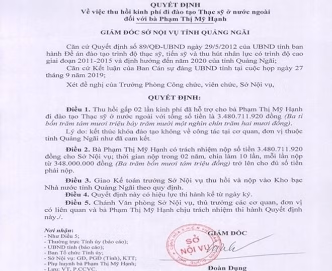 Quyết định thu hồi gấp 2 lần kinh phí hỗ trợ cho bà Hạnh - Ảnh: B.V