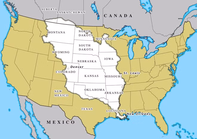 Lãnh thổ Louisiana trên bản đồ hiện đại.