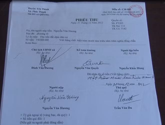 Phiếu thu do UBND xã Phúc Thành lập