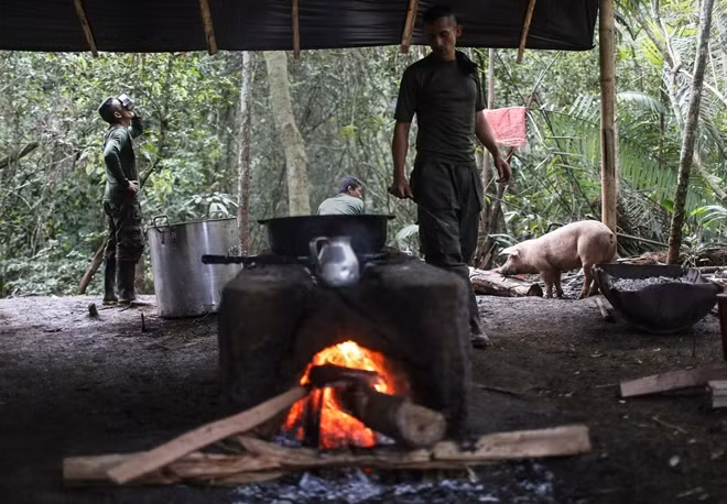 Các du kích FARC đang nấu bữa ăn trong căn bếp dã chiến của họ. Ảnh nguồn: Mario Tama / Getty Images.