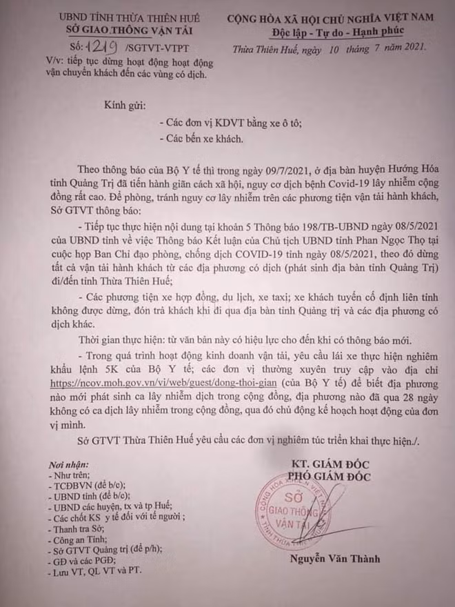 Văn bản yêu cầu dừng, đón trả khách khi đi qua địa bàn tỉnh Quảng Trị.