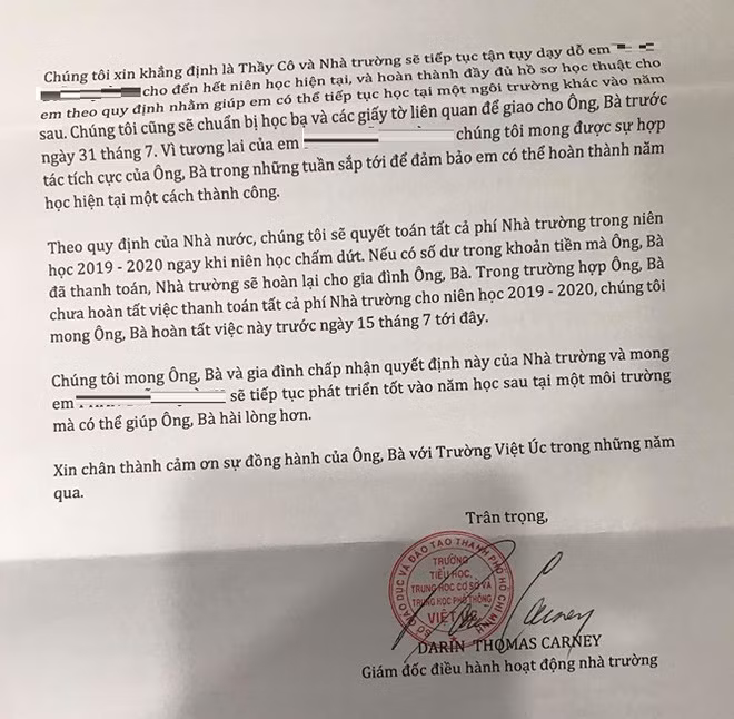 Thông báo từ chối tiếp nhận học sinh từ năm học sau của Trường Việt Úc.