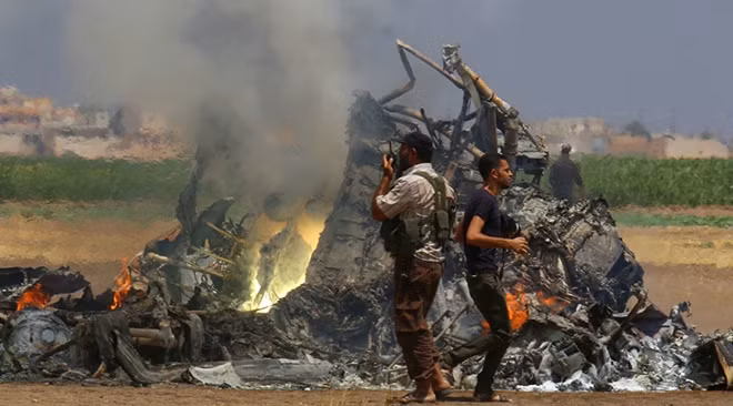 Hiện trường vụ bắn rơi trực thăng Mi-8 của Nga nằm trong khu vực Al Nusra đang chiếm đóng trái phép ở Syria