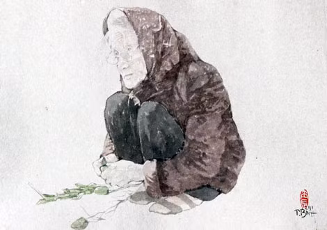 Tranh màu nước giấy dó ''Mùa đông nhớ bà'' của họa sĩ Vũ Thái Bình.